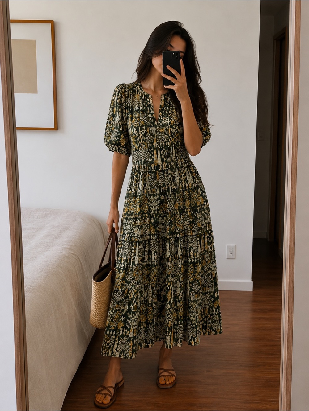 ba&sh Bohemian Tiered Midi Dress Printed Cotton Puff Sleeve Khaki XS